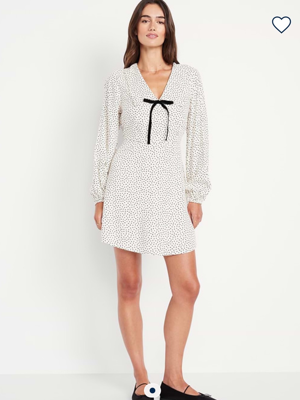 Fit & flare Cream Polka Dot Long Sleeve Dress with Tie Neck